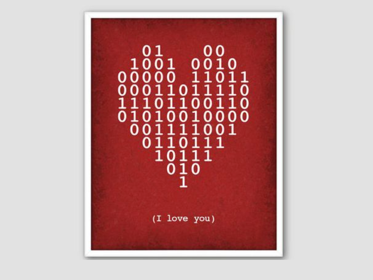 Binary code Valentine’s Day card example for programmers