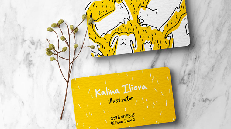 Yellow business card with illustrations