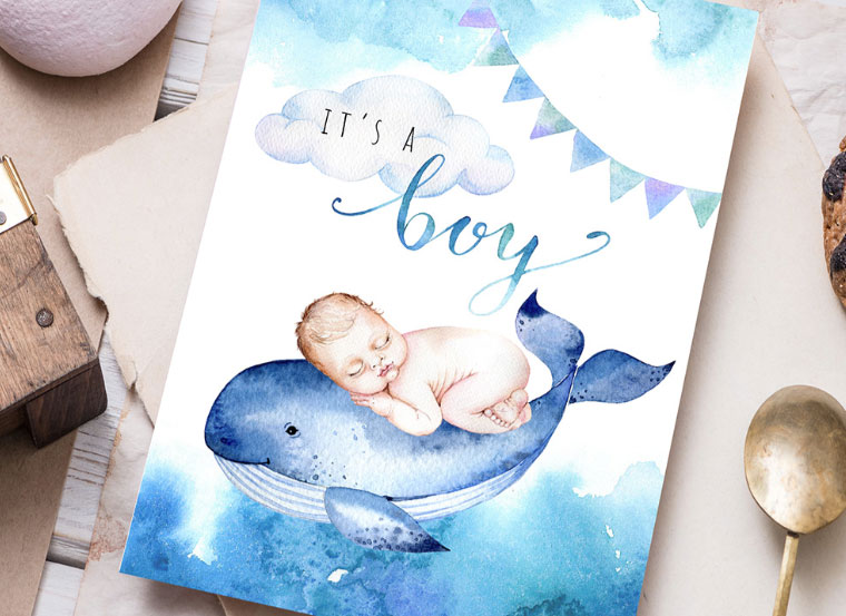 blue illustration for boy baby invitation card