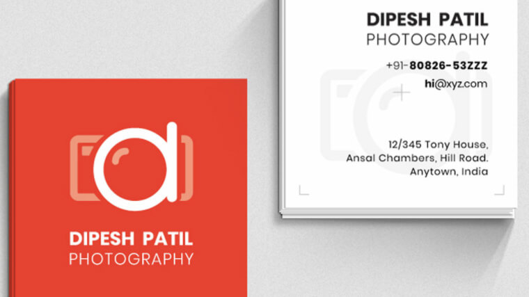 Red business card design with square shape for photographer