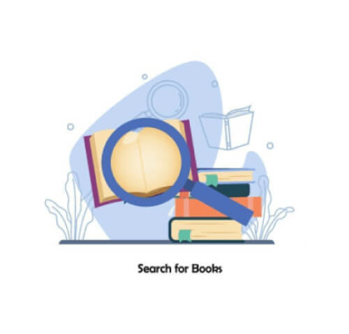 Book exploration icon with search magnifier