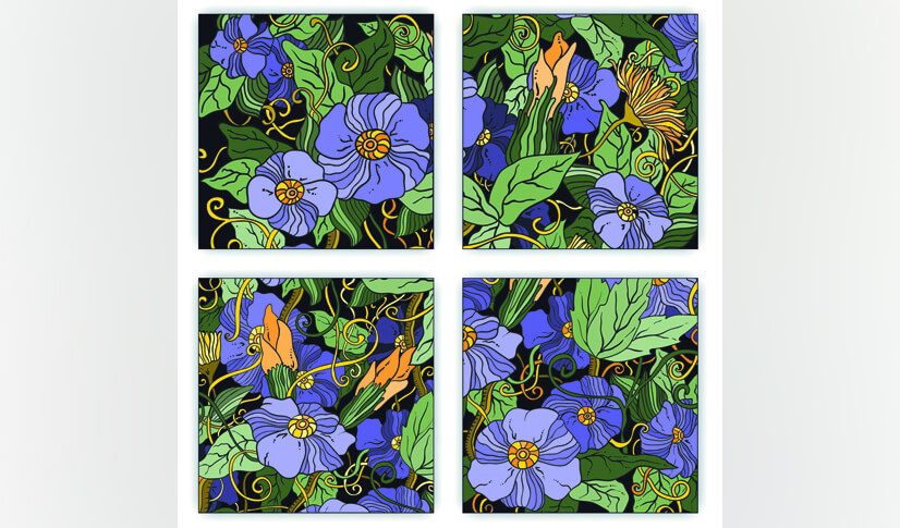 Trippy flowers with purple colors pattern set