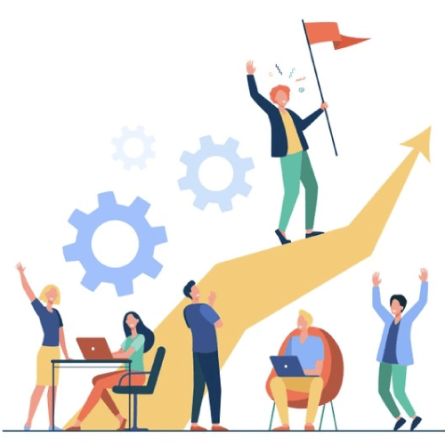 Business leader standing on arrow and holding flag flat vector illustration. cartoon people training and doing business plan. leadership, victory and challenge concept Free Vector