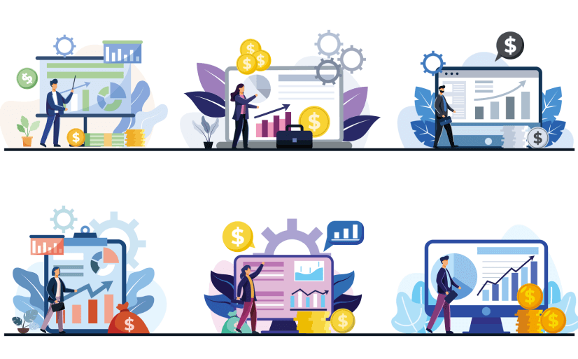 Set of business and transactions with charts showing operating results on computer monitors and screens. business concept flat design illustration Free Vector