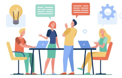 Business team planning working process flat vector illustration. cartoon colleagues talking, sharing thoughts and smiling in company office. teamwork and workflow concept Free Vector