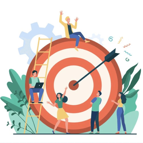 Positive tiny people sitting and walking near huge target with arrow isolated flat vector illustration. cartoon business team achieving goal or aim. marketing strategy and achievement concept Free Vector