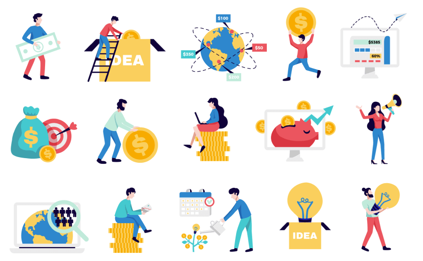 International crowdfunding money raising internet platforms for business startup nonprofit charity symbols flat icons collection illustration Free Vector