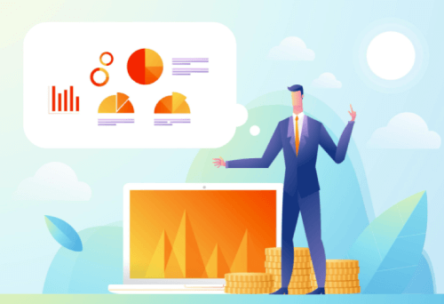 Business man showing presentation to audience with data and graph statistic. Flat Isometric Design illustration. Free Vector