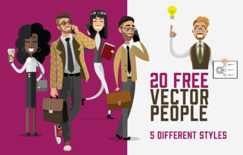 Free business vector set with 20 business related illustrations, including 4 business people characters illustrated in 5 styles each by GraphicMama