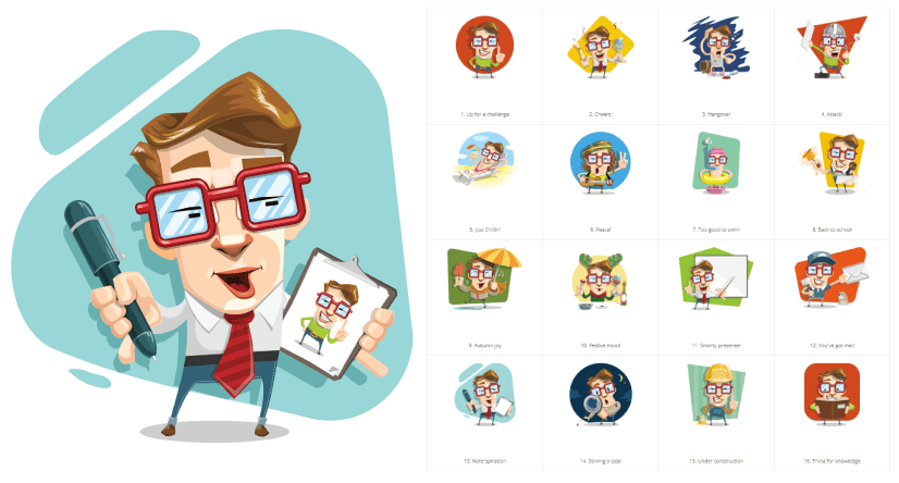 Mr. Geekson Set Free Vector Cartoon Characters by GraphicMama