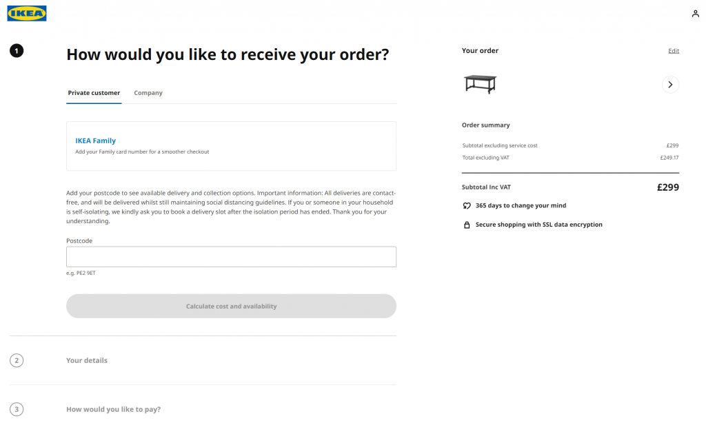 eCommerce checkout page with option for zip code entry