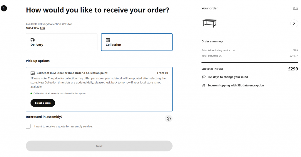 eCommerce checkout page with multiple delivery options