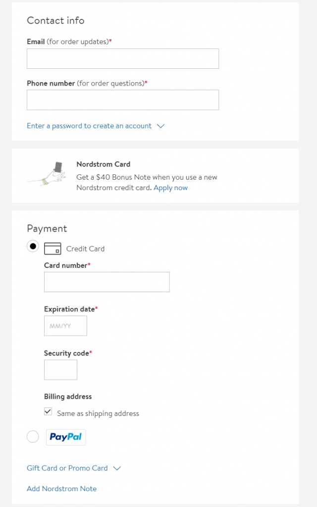 eCommerce checkout page with a form for payment details