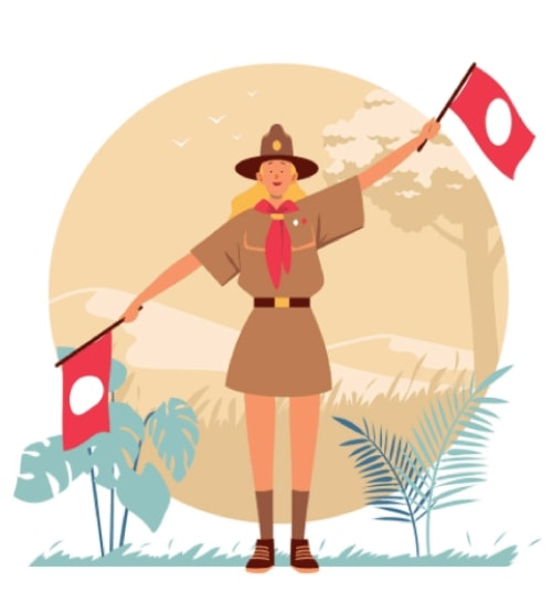 Cartoon Girl Scout Waving Flags