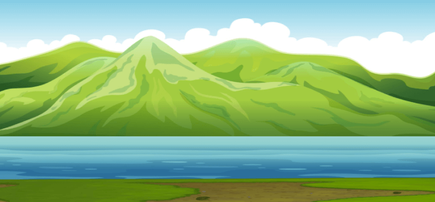 Green Mountain and a River Free Cartoon Landscape