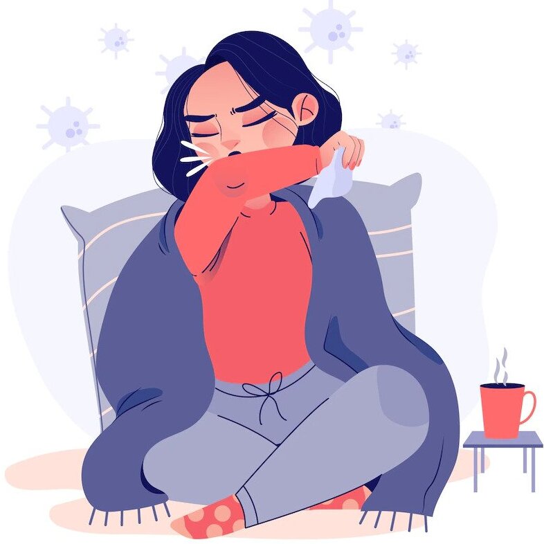 Cartoon Sick Woman Coughing in Bed Free Vector