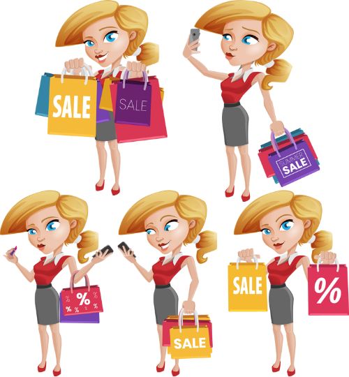 Cartoon Woman Shopping Vector Character Set