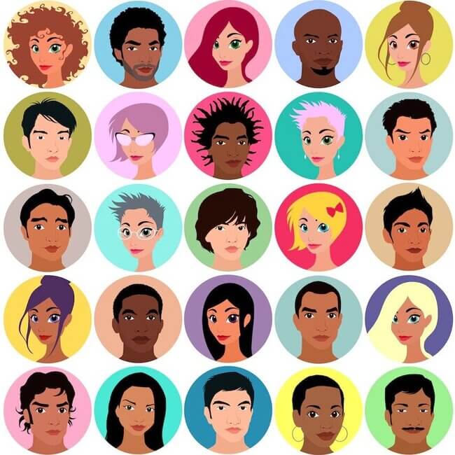 Caucasian, Black, Asian People Cartoon Avatars