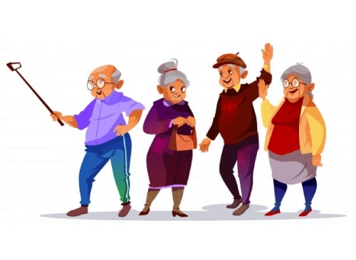 Cute Old People Cartoon Illustration Taking Selfie