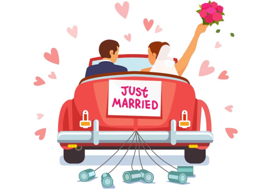 Just Married Couple Cartoon Illustration