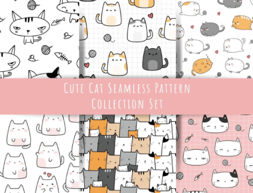 Set of Cute cat kitten cartoon doodle seamless pattern bundle Free Vector