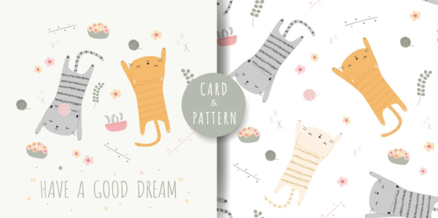 Cute cat kitten sleeping cartoon pastel color card and seamless pattern bundle Free Vector
