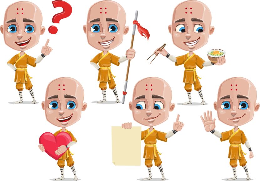 Young Monk Cartoon Character Set 6 Poses