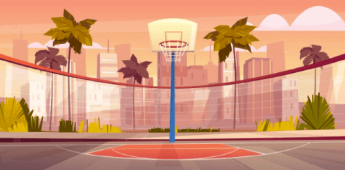 cartoon background of basketball court in tropic city Free Vector