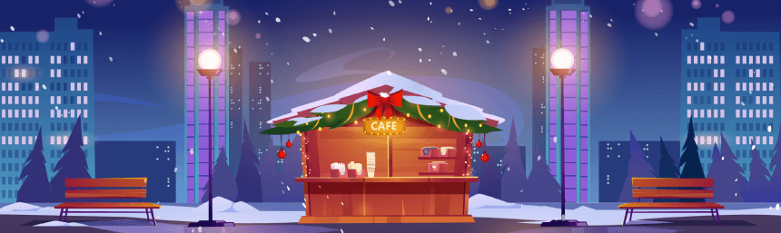 Street cafe with christmas decor at winter night Free Vector