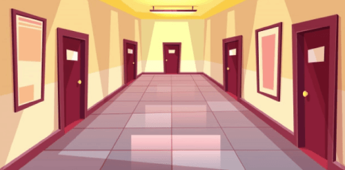 Cartoon hallway, corridor with many doors - college, university or office building. Free Vector