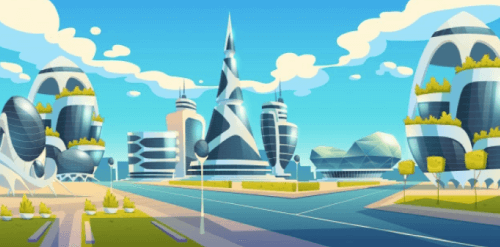 Future city, futuristic glass buildings of unusual shapes and green plants along empty road. modern architecture towers and skyscrapers. alien urban dwellings design, cartoon vector illustration Free Vector