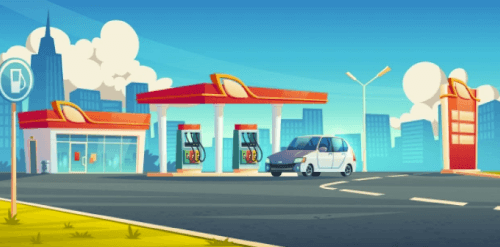 Gas station, cars refueling city service, petrol shop with building Free Vector