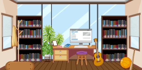 Empty library interior design with bookshelves Free Vector