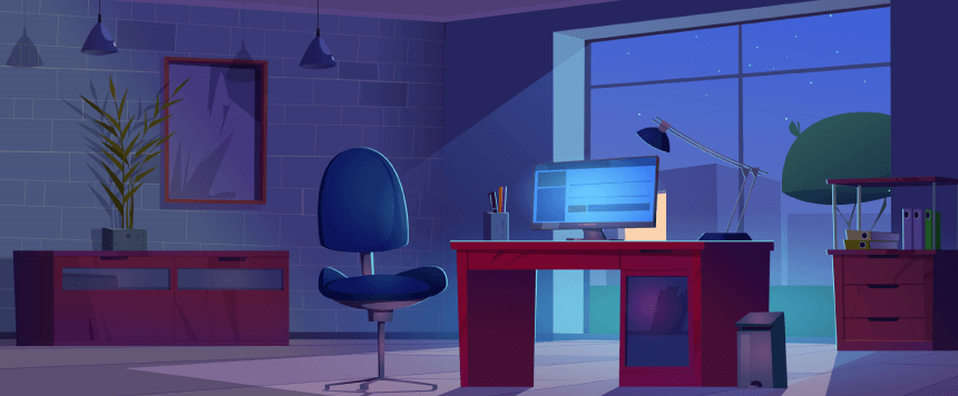Night home office interior dark room for freelance Free Vector