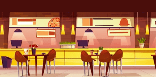Vector horizontal illustration with cafe. cartoon cozy interior with tables and chairs. bright furni Free Vector