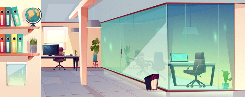 Vector cartoon illustration of bright office, modern workplace with transparent glass wall and tile Free Vector