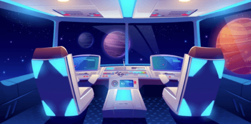 Spaceship cockpit interior space and planets view Free Vector