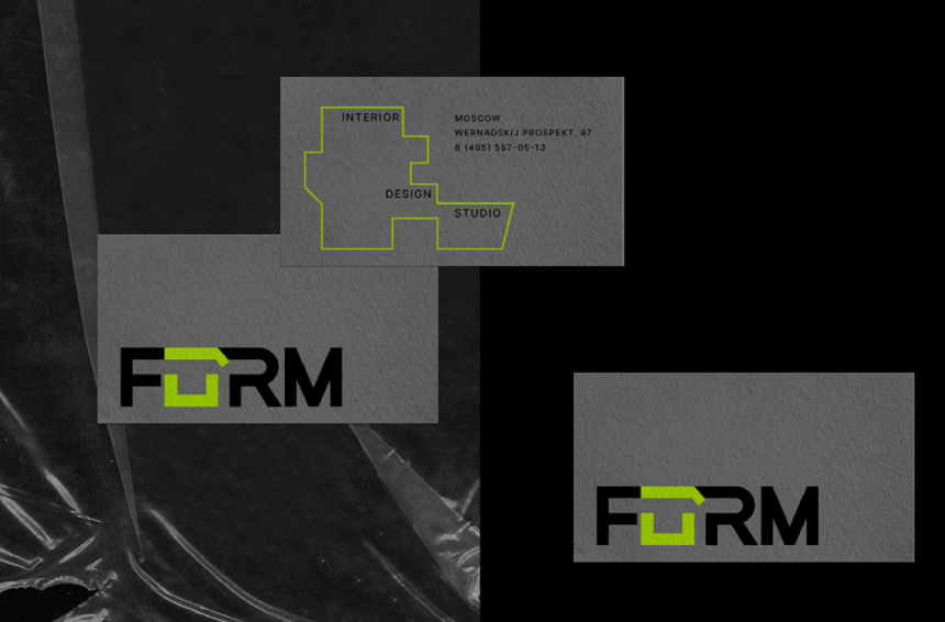 Form Interior Design Studio Brutalist Business card Grain Material Black grey and Neon Green