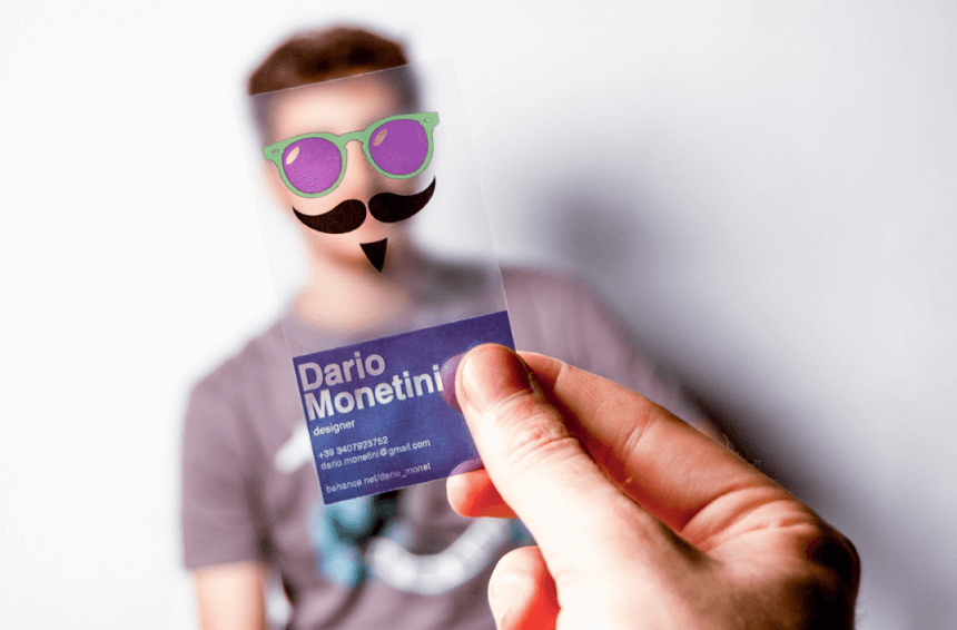 Original design Concept Transparent Business Card with Glasses and Moustache