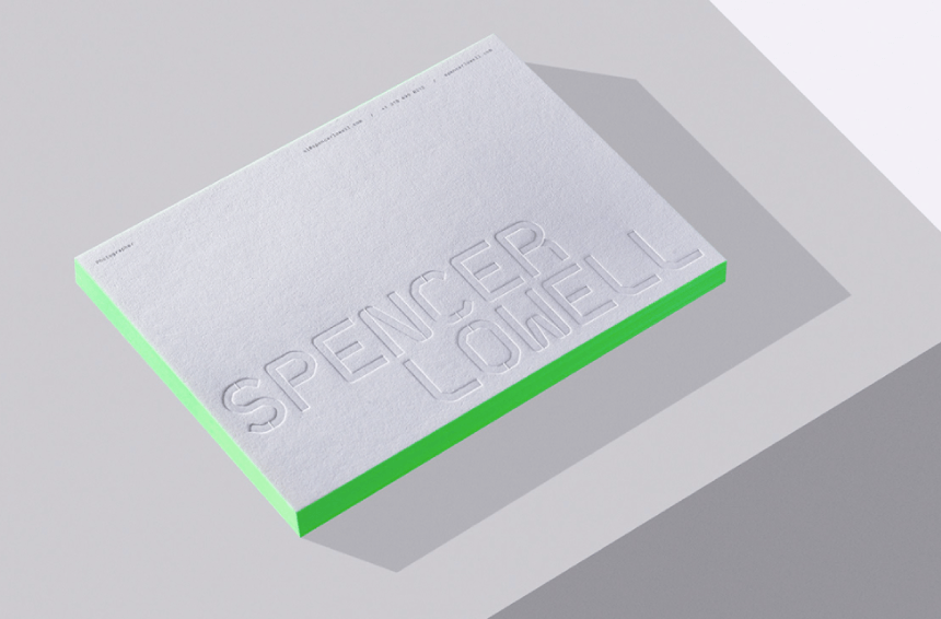 White Minimalistic Futuristic Relief Letters Business Card with Neon Green Edges