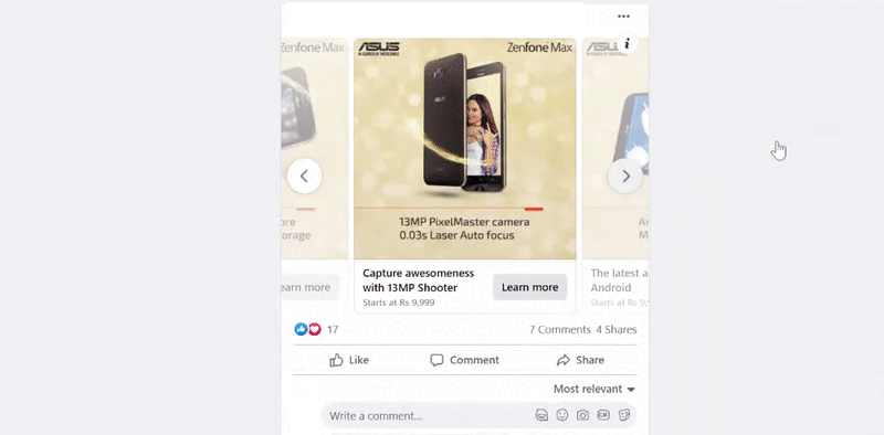 Facebook carousel ad example displaying multiple products with cta and links Asus