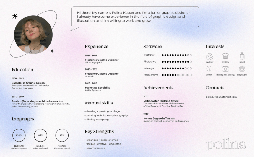 Graphic Designer Portfolio Opening Infographic Resume Page Horizontal by Polina Kuban