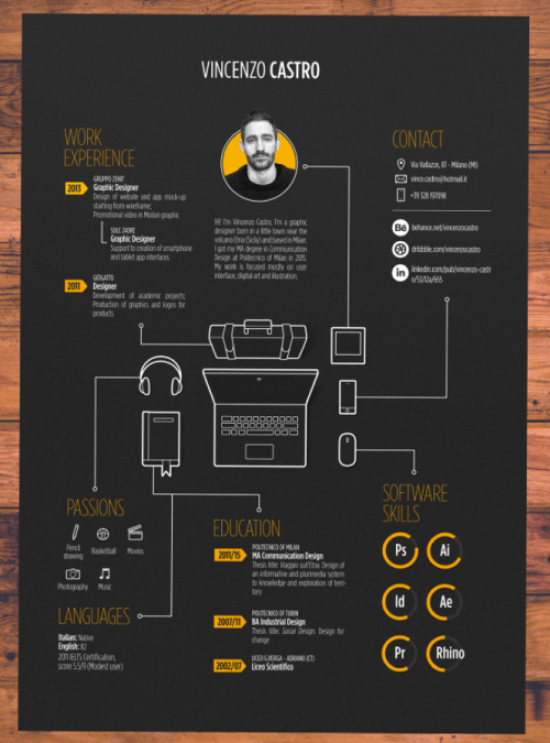 Infographic Resume Example Dark Mode Hand-Drawn Illustrations by Vincenzo Castro