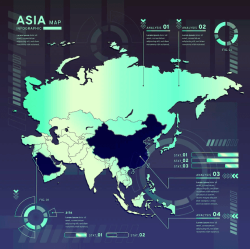 Infographic of asia neon map in flat design Free Vector