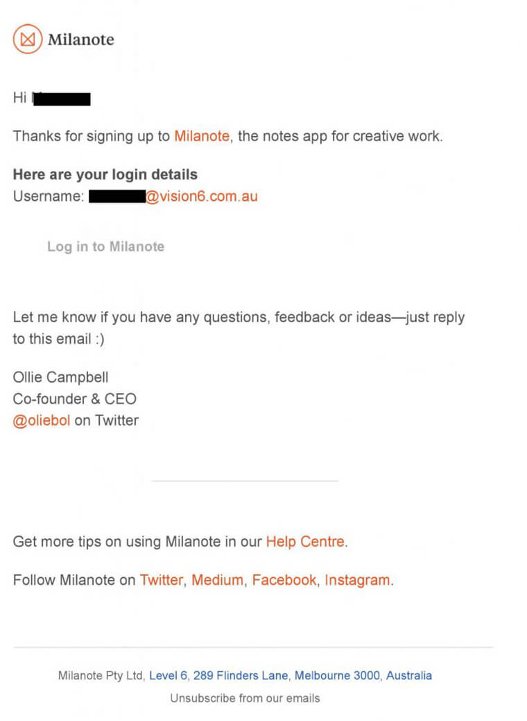 Milanote - example of a text based email