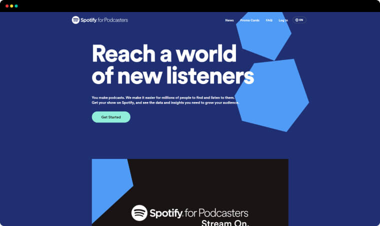 Example of landing page used by a podcasting platform