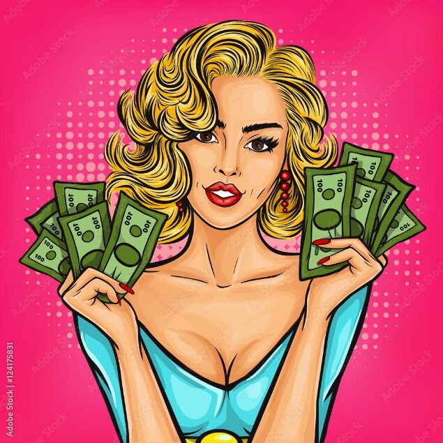 Cartoony Blonde Pop Art Girl with Money by vectorpocket