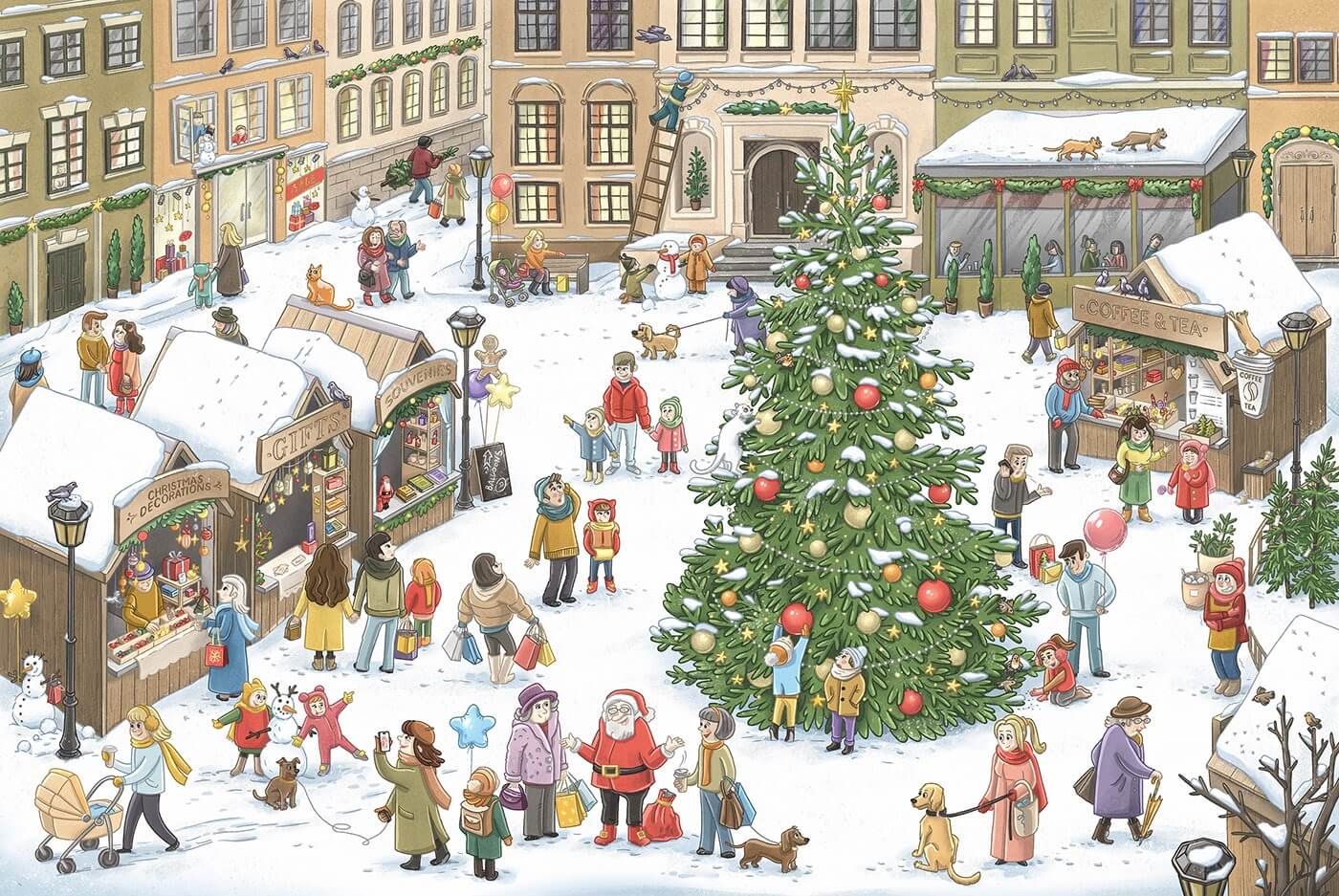 Christmas Day Illustration in Town by Leia Pentskofer