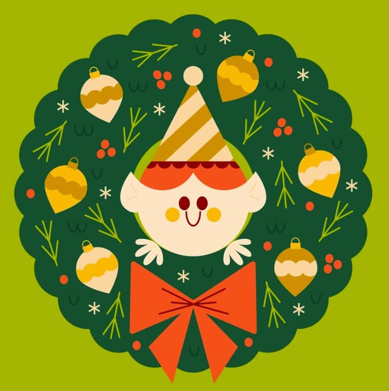 Christmas Elf in Wreath Illustration by Pretend Friends