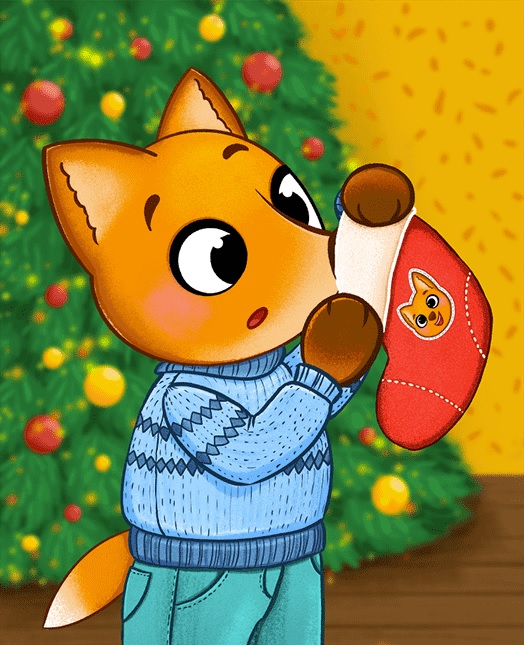 Christmas Fox with Stocking Illustration by Alena Menshikova